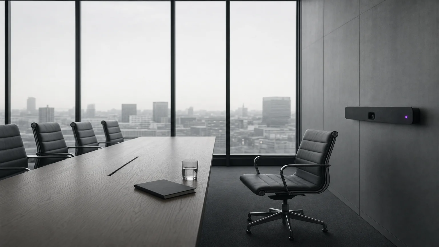 An empty modern boardroom at dawn with one chair pulled out at the head of the table. Illustrative AI-generated editorial image.
