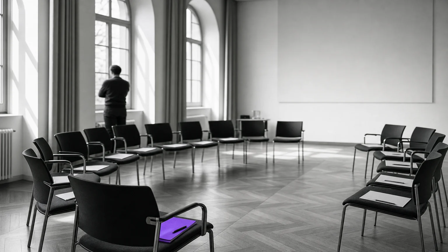 A seminar room in a Central European research institute prepared for an advisory board session. Illustrative AI-generated editorial image.