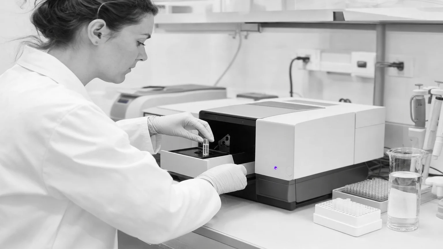 A scientist loading a quartz cuvette into a benchtop spectrometer in a bright biophysics laboratory. Illustrative AI-generated editorial image.