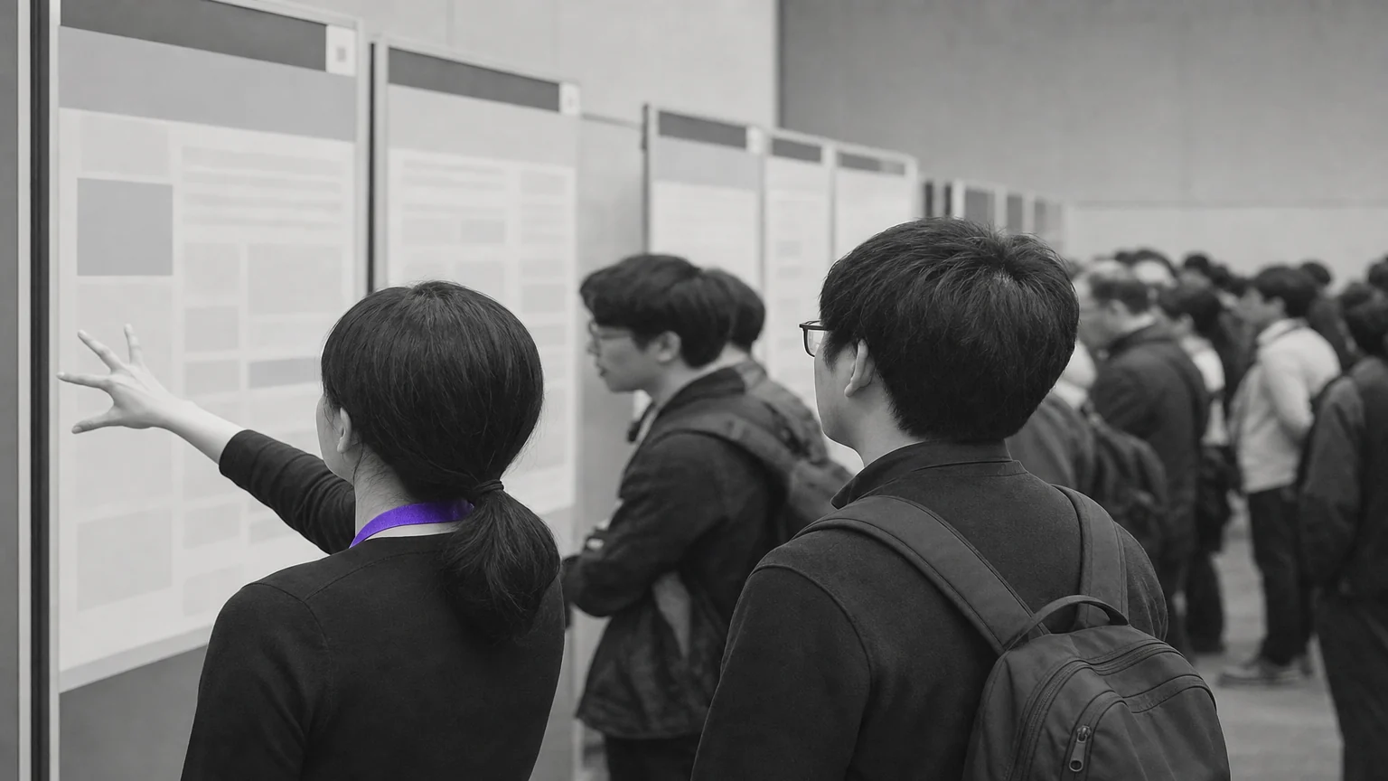 A crowded machine-learning conference poster session with a researcher gesturing toward a poster board. Illustrative AI-generated editorial image.