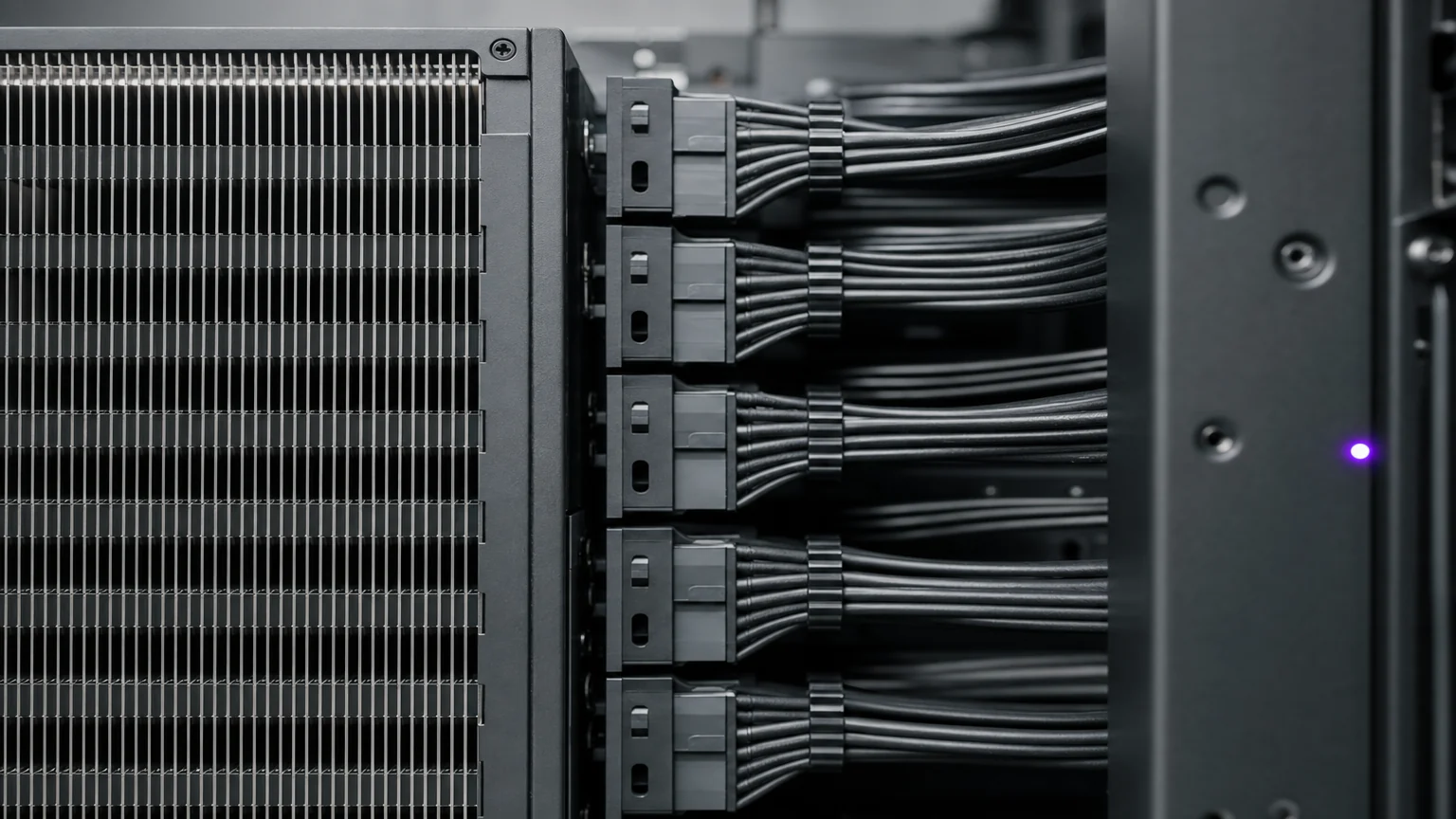 Close-up of a dense GPU compute node with combed power cabling and a single status indicator. Illustrative AI-generated editorial image.