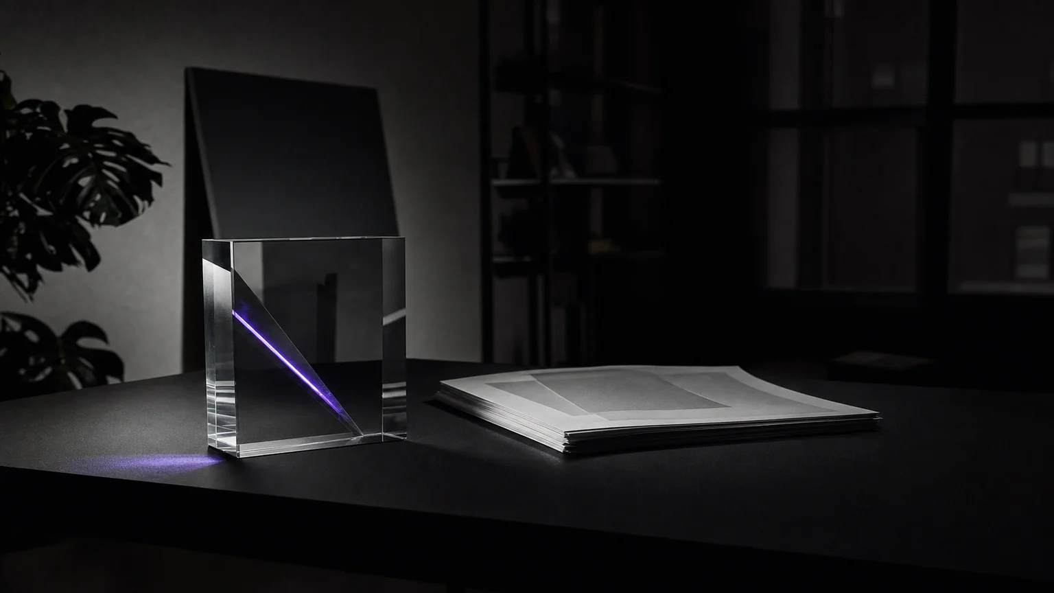 A solid glass award object lit on a matte black studio table beside blank monochrome print proofs. Illustrative AI-generated editorial image.