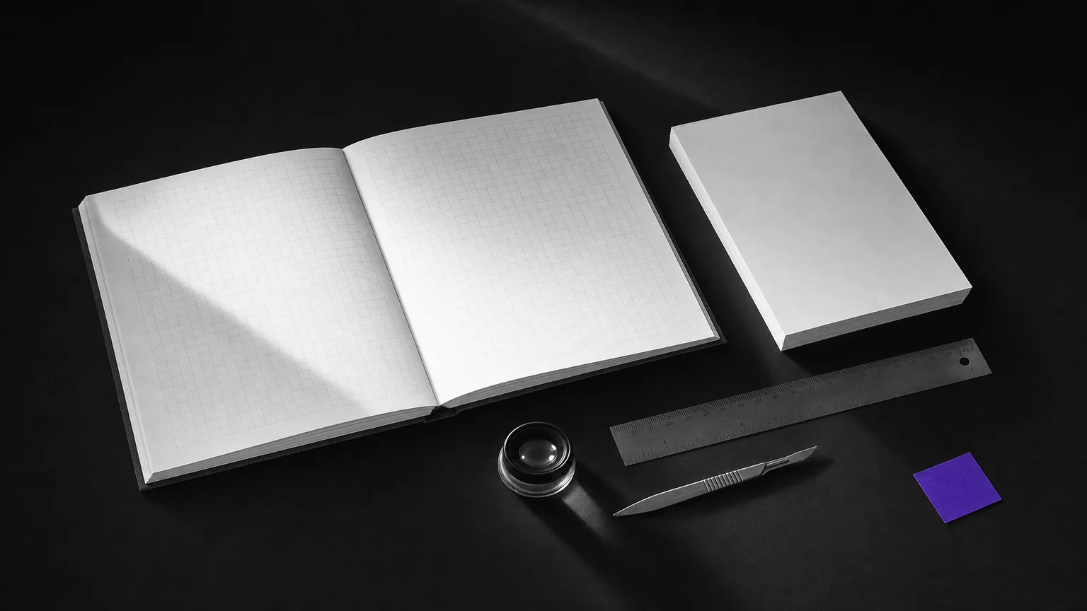 Overhead view of an open brand manual with blank spreads, a loupe and a steel ruler on a black studio desk. Illustrative AI-generated editorial image.