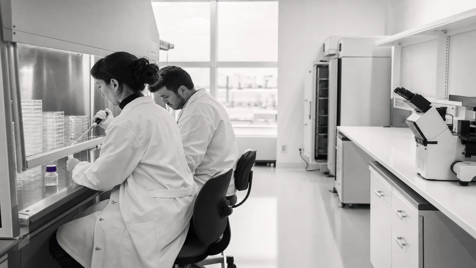 Two researchers working at a laminar flow cell culture hood in a bright oncology laboratory. Illustrative AI-generated editorial image.