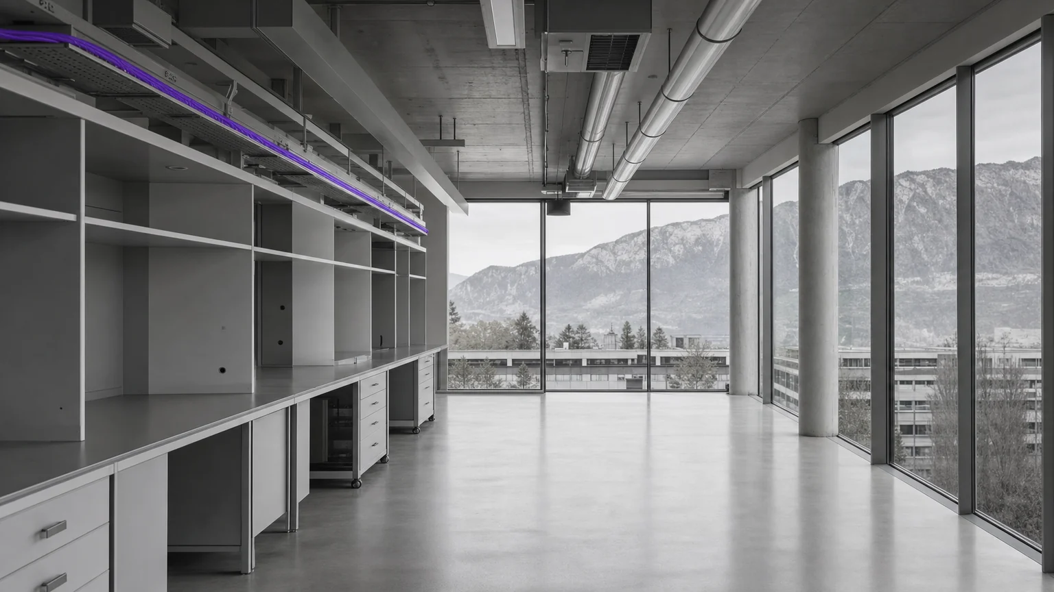 The empty interior of a newly completed Swiss research building with alpine light through full-height glazing. Illustrative AI-generated editorial image.
