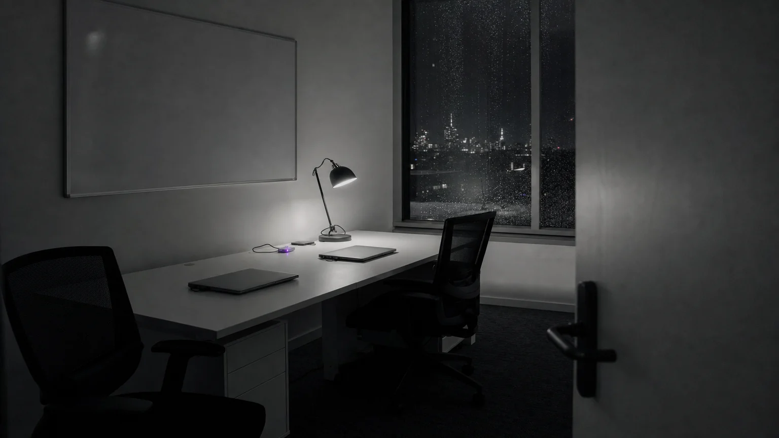 A small London startup office at night with two closed laptops and a wiped whiteboard. Illustrative AI-generated editorial image.