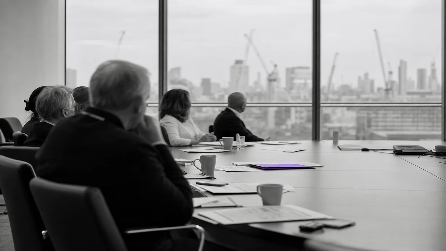 Senior scientists seated around a long table in a top-floor London meeting room. Illustrative AI-generated editorial image.