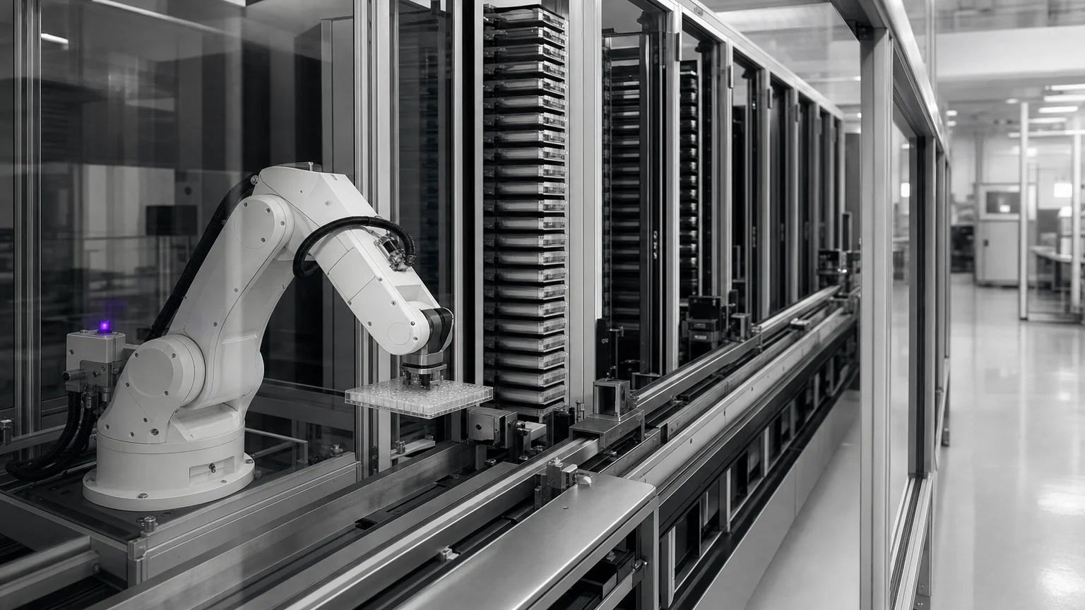 A robotic arm transferring a microplate inside an industrial automated screening enclosure. Illustrative AI-generated editorial image.