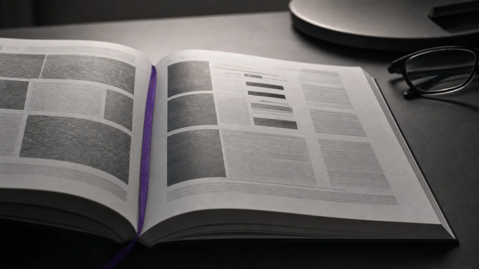 Macro view of an open scientific journal on a dark desk under a single lamp. Illustrative AI-generated editorial image.