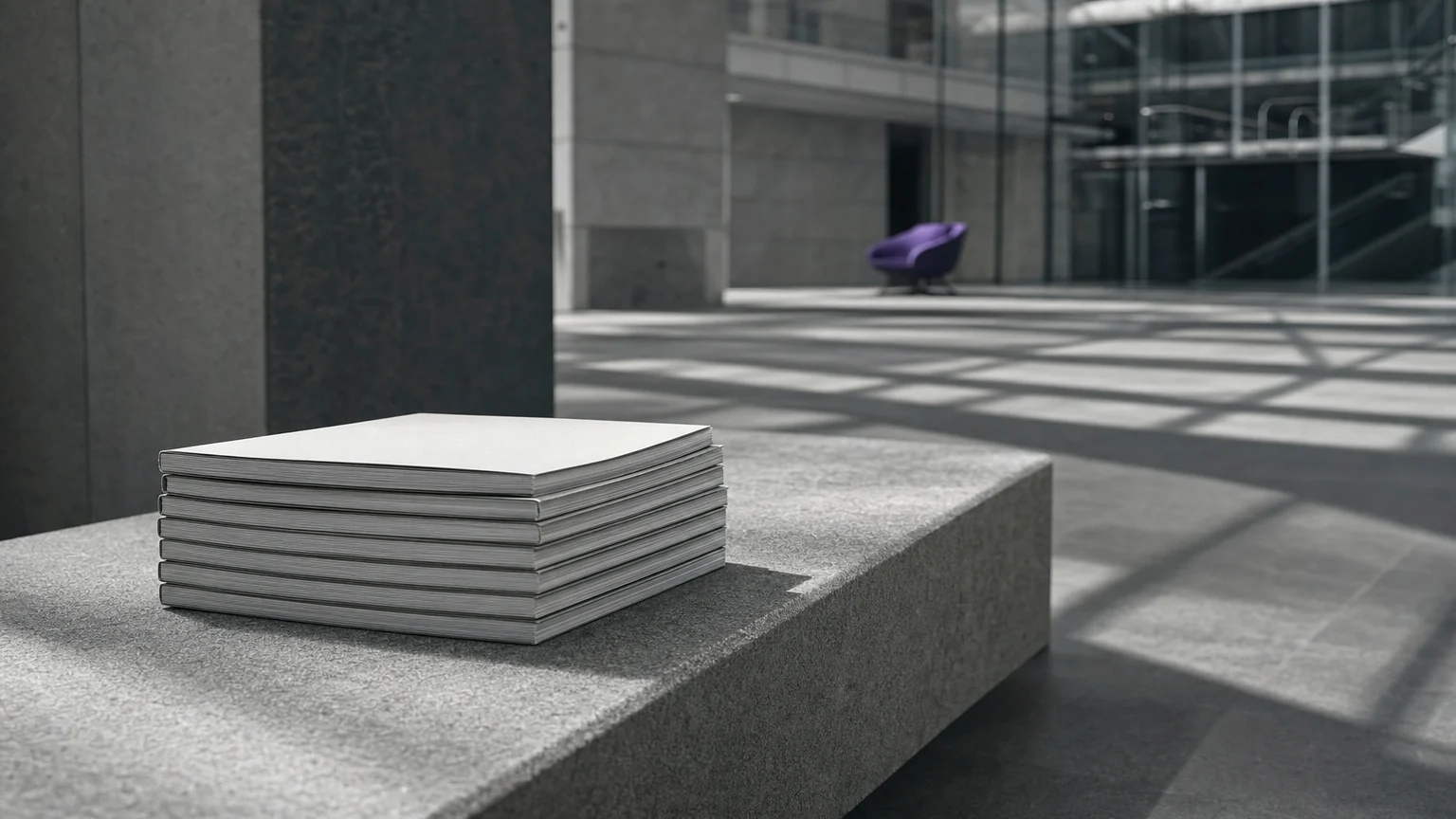 A stack of blank-covered printed reports on a stone bench in a London corporate atrium. Illustrative AI-generated editorial image.
