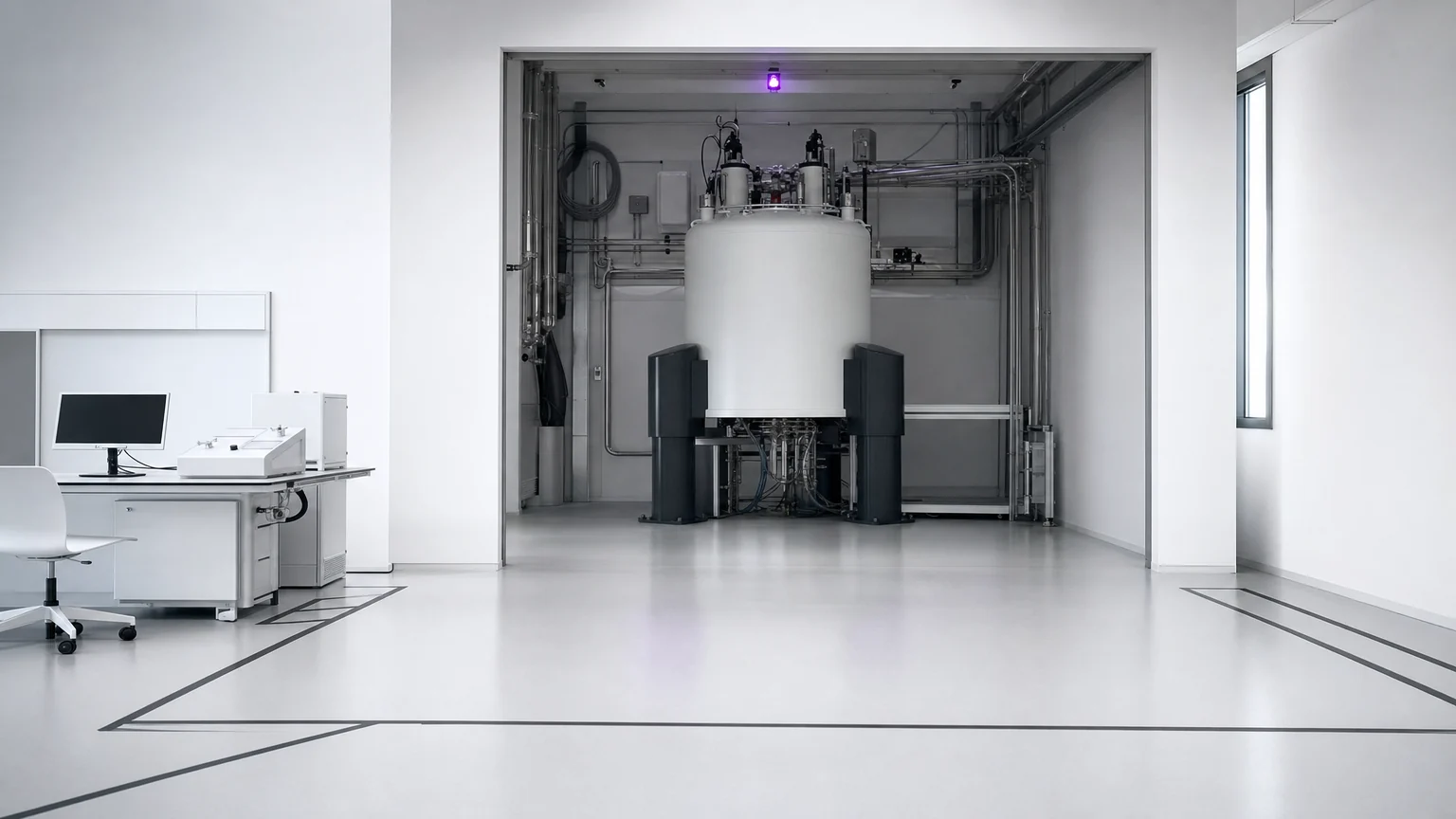 A superconducting NMR spectrometer magnet standing in a new white laboratory hall. Illustrative AI-generated editorial image.