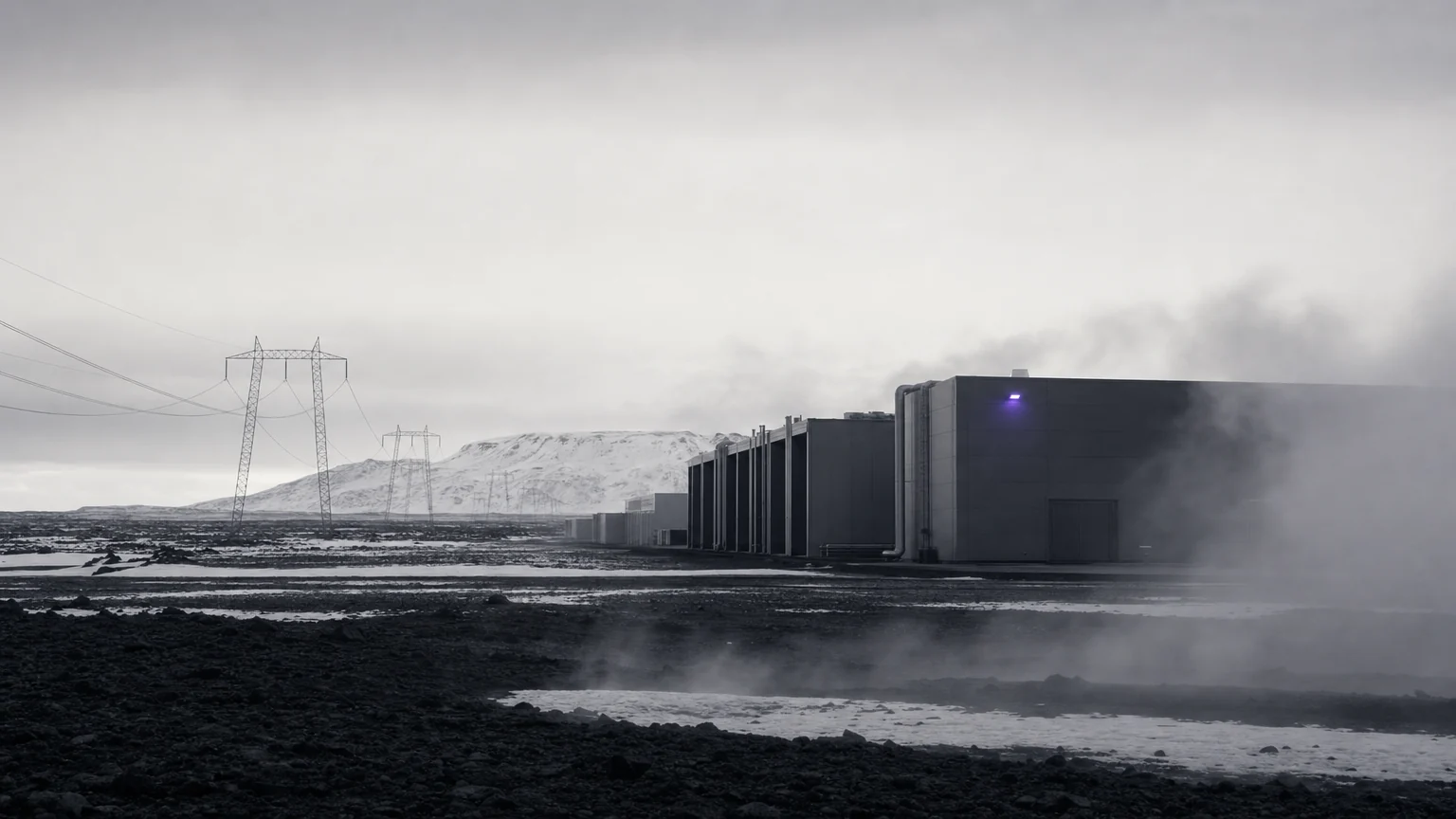 Low data-center halls on an Icelandic lava plain with geothermal steam drifting across the frame. Illustrative AI-generated editorial image.