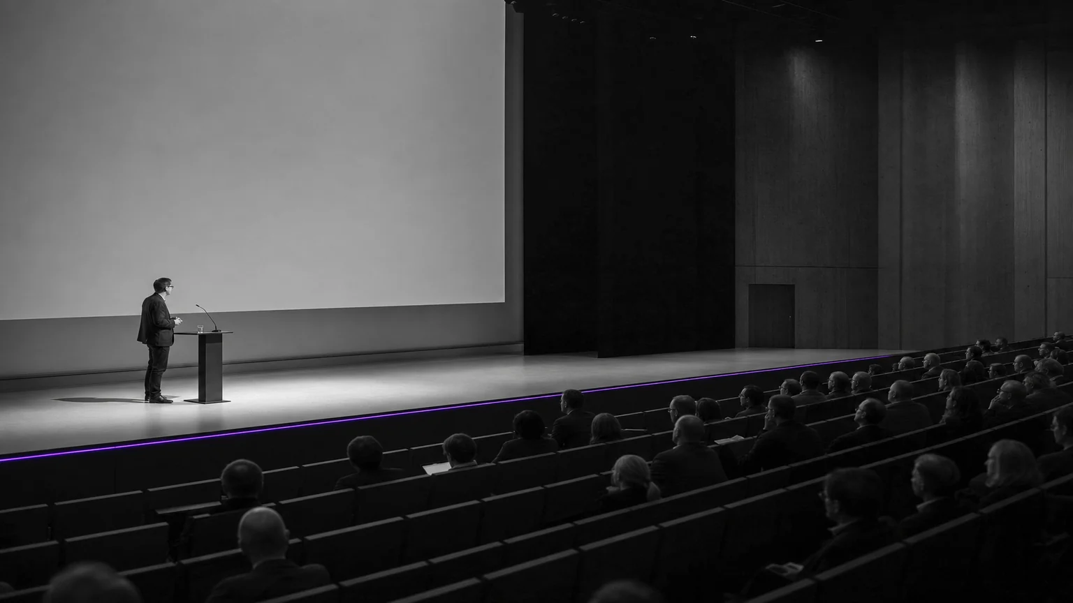A speaker at a slim lectern in a modern Swiss congress-center auditorium. Illustrative AI-generated editorial image.