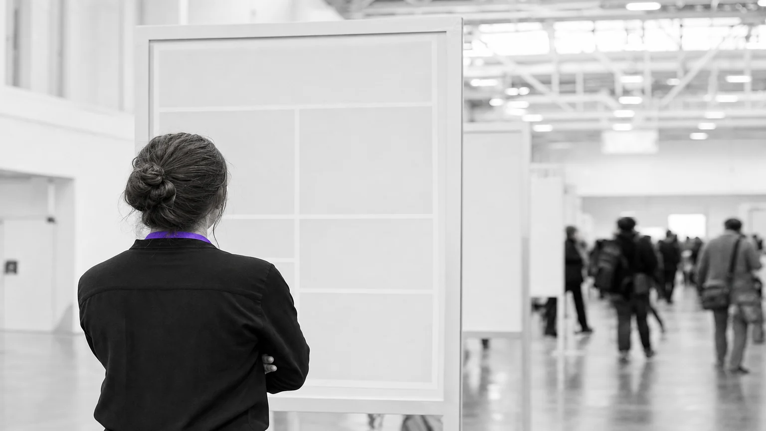 A researcher standing before a poster board in a bright convention center hall. Illustrative AI-generated editorial image.