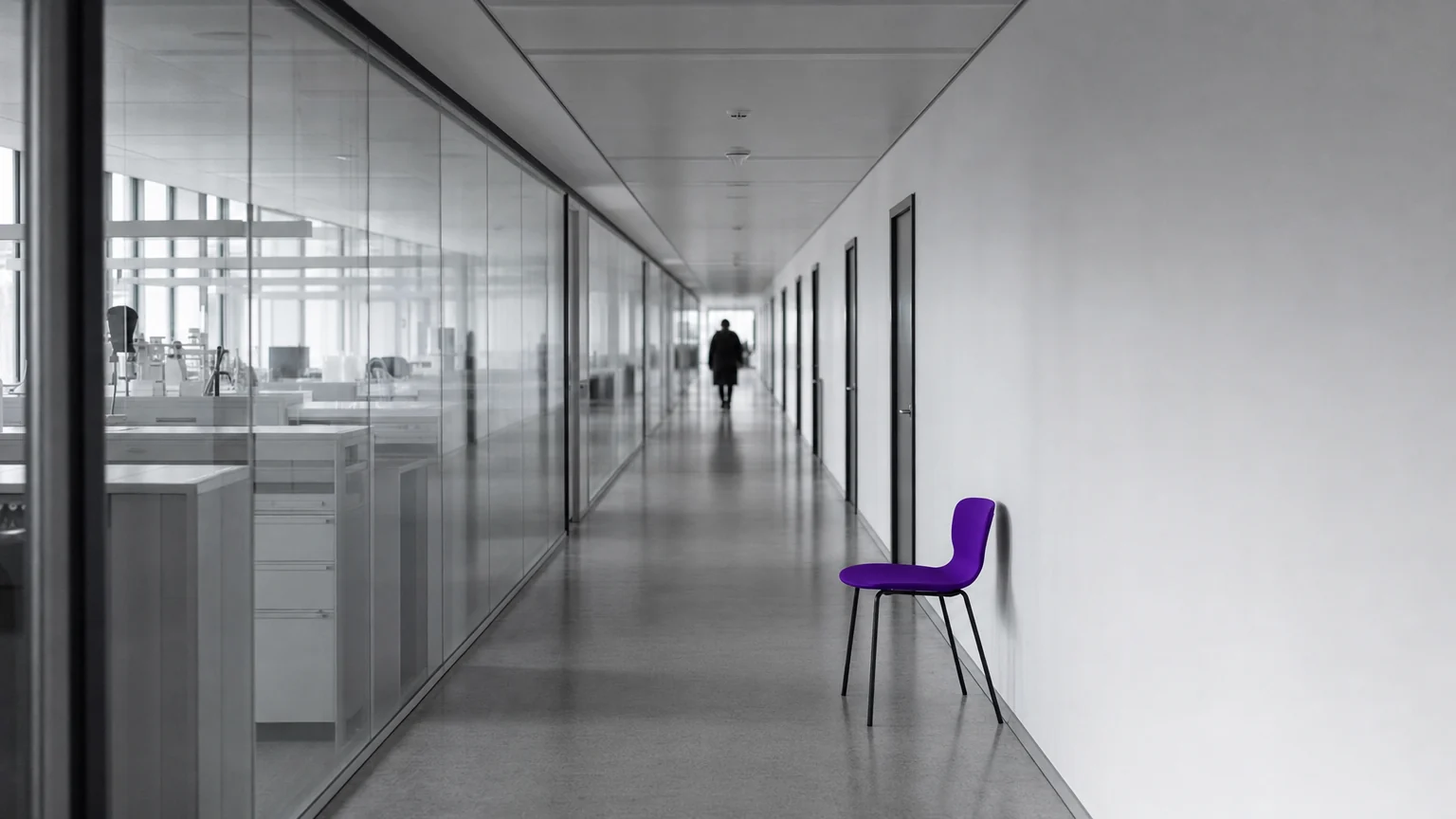 A long university science-building corridor with glazed laboratory partitions and a distant figure. Illustrative AI-generated editorial image.