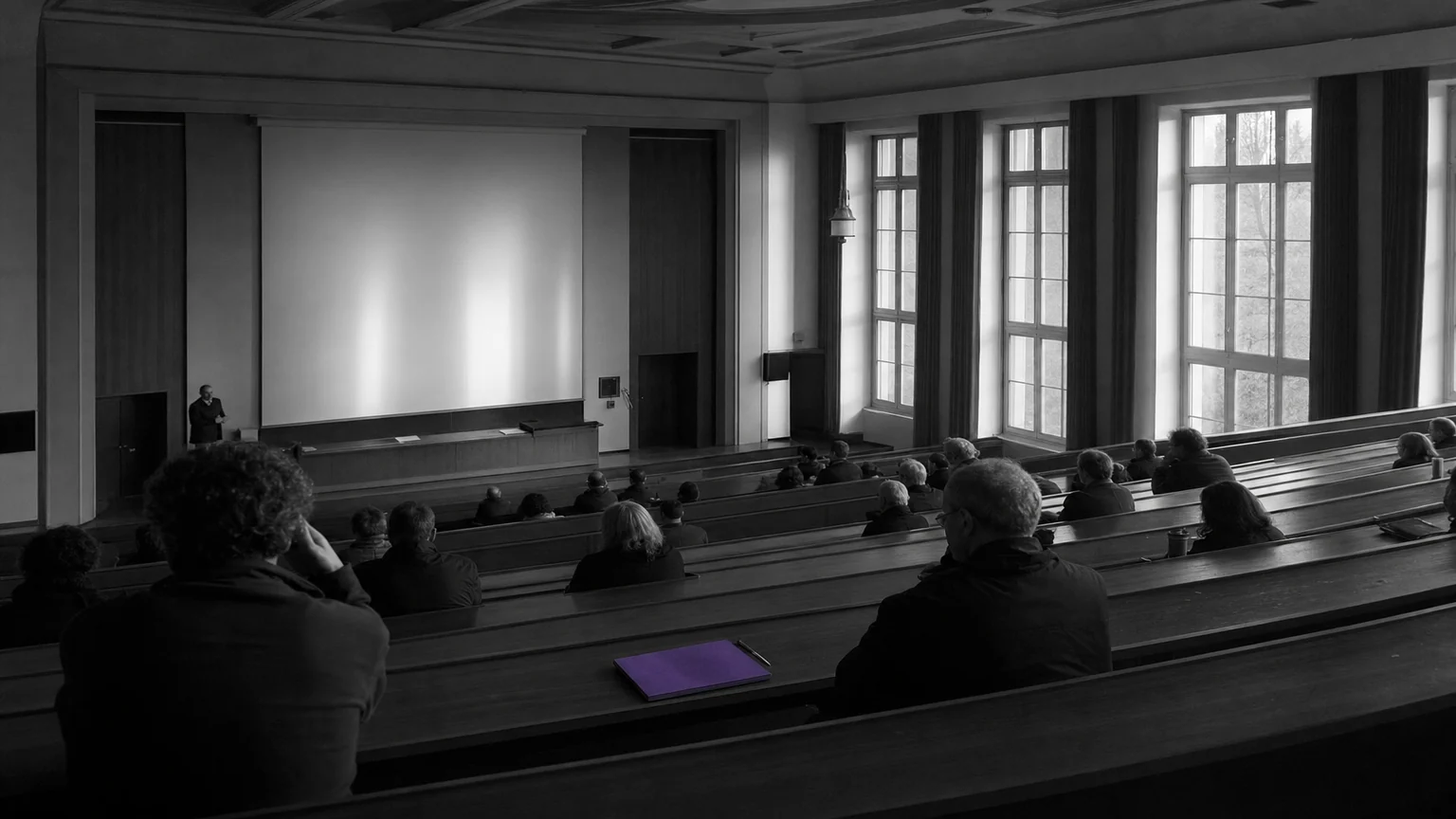 A speaker in a historic tiered wooden lecture hall with tall daylit windows. Illustrative AI-generated editorial image.