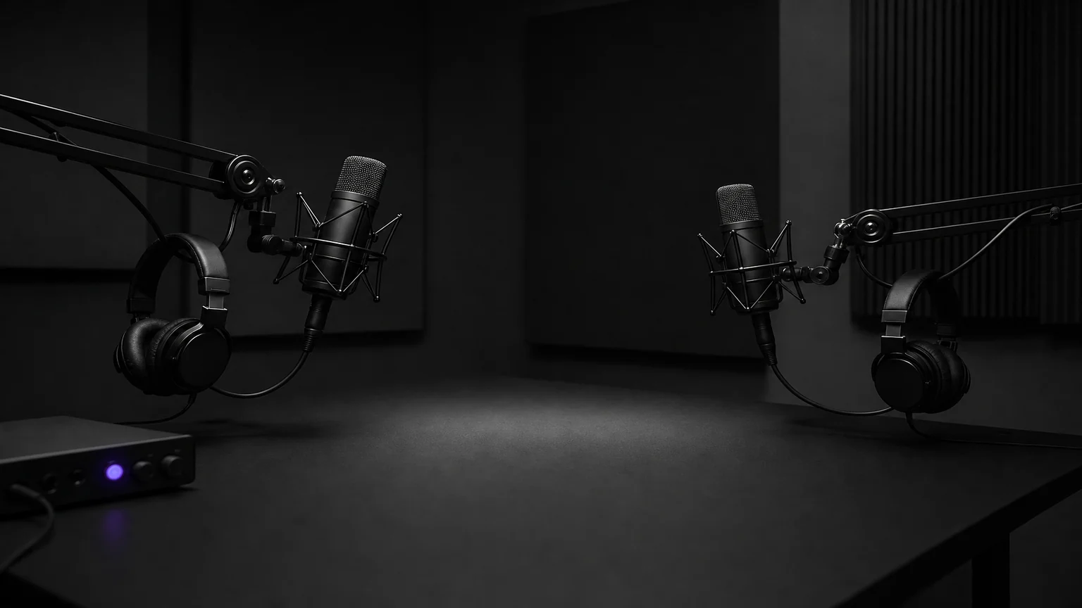 Two condenser microphones on boom arms facing each other in a dark podcast studio. Illustrative AI-generated editorial image.